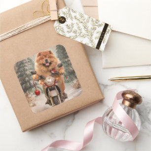 Sticker Carré Chow Chow Chien chevauchant la moto Noël