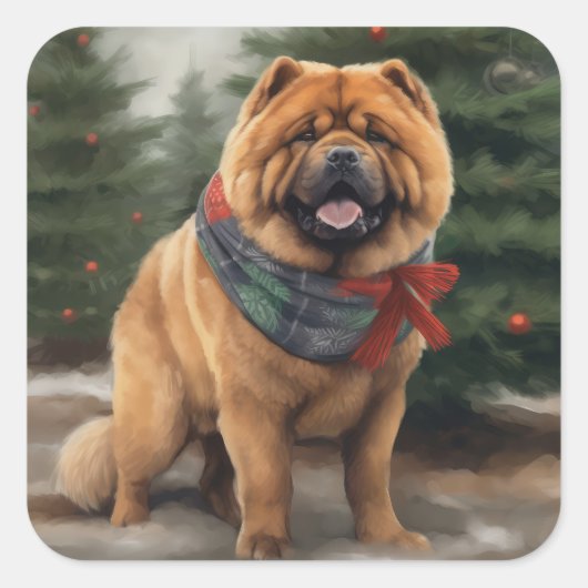 Sticker Carré Chow Chow Chien de Noël en neige (Devant)
