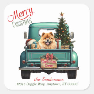 Sticker Carré Chow Chow Chien Retro Truck Noël
