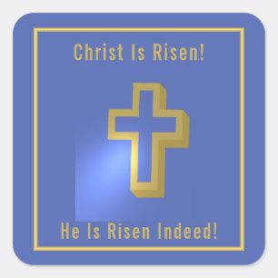 Sticker Carré Christ est ressuscité Blue Gold Croix religieuse P