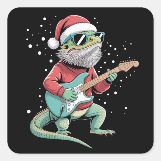Sticker Carré Christmas Bearded Dragon Playing Guitar Musician  (Devant)