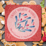 Sticker Carré Christmas Berries Glitter Homemade Holiday Baking<br><div class="desc">Create stickers to label your Christmas holiday homemade goods,  cookies,  candy,  treats,  party favors and more featuring blue holly and berries on red faux glitter background and your message in chic lettering.</div>