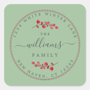 Sticker Carré Christmas Berries Green Family Return Adresse