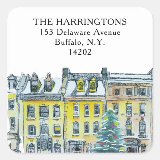 Sticker Carré Christmas Brownstone Golden Hand-Drawn Adresse (Devant)