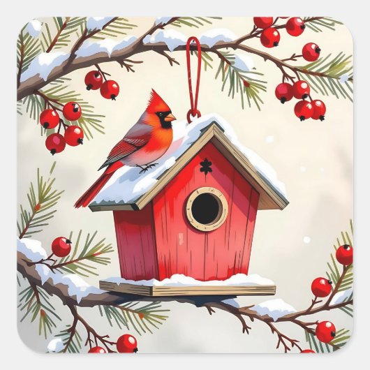 Sticker Carré Christmas Cardinal Birdhouse snowy pine branch (Devant)