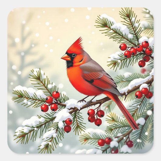 Sticker Carré Christmas Cardinal on snowy pine branch (Devant)