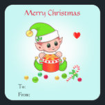 Sticker Carré Christmas Cute Elf pour Cadeaux & Faveurs<br><div class="desc">Stickers Elf de Noël mignon. Tous les textes peuvent être personnalisés pour Noël,  anniversaire,  cadeaux,  étiquettes de jarres et plus encore.</div>