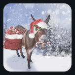 Sticker Carré Christmas donkey with funny<br><div class="desc">donkey mule christmas animal,  smile cheerful beautiful comic,  red gray furry happy ,  snow xmas winter fun , </div>