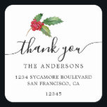 Sticker Carré Christmas Holly Berries Merci Adresse de retour<br><div class="desc">Noël vert merci retournez l'étiquette d'adresse avec une touche élégante de sainte et de baies. Ajoutez simplement vos noms et adresses dans une calligraphie de script hors-noir et élégante et de la typographie stylisée sur un arrière - plan blanc. Parfait pour les cadeaux de Noël ou comme enveloppe. Conçu exclusivement...</div>