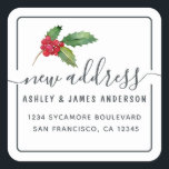 Sticker Carré Christmas Holly Berries Nous avons déménagé une no<br><div class="desc">Nous avons bougé ! Étiquettes d'adresse de retour de Noël mobile : faites connaître votre nouvelle adresse à vos amis et à votre famille avec ces étiquettes d'adresse de retour chic, moderne et simple avec une touche élégante de sainte et de baies aquarelle. Ajoutez simplement vos noms et votre adresse...</div>