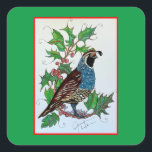 Sticker Carré Christmas Holly Quail<br><div class="desc">Oh la "Joie" de "Noël". Créé à partir du design original de l'artiste international Jennifer Lake. L'art de la caille provient d'un ensemble de 3. Quel grand objet qui peut être utilisé pour donner des cadeaux et fera un merveilleux cadeau de réchauffement de la maison! Profitez de TOUS les designs....</div>