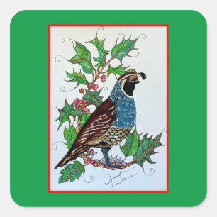 Sticker Carré Christmas Holly Quail