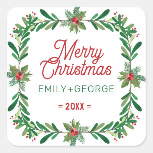 Sticker Carré Christmas Holly Wreath Joyeux Texte de Noël