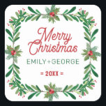 Sticker Carré Christmas Holly Wreath Joyeux Texte de Noël<br><div class="desc">Serre de Noël avec texte personnalisable - Joyeux Noël,  noms,  et l'année.. Elégant design moderne aquarelle vacances design.</div>