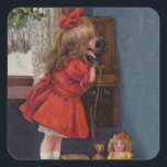 Sticker Carré Christmas Little Girl Téléphone Antique<br><div class="desc">Cette belle image provient d'une ancienne carte de Noël,  montrant une petite fille qui fait son appel téléphonique de Noël. Vintage et ancien.</div>