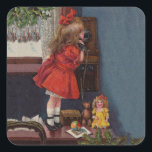 Sticker Carré Christmas Little Girl Téléphone Antique<br><div class="desc">Cette belle image provient d'une ancienne carte de Noël,  montrant une petite fille qui fait son appel téléphonique de Noël. Vintage et ancien.</div>