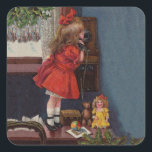Sticker Carré Christmas Little Girl Téléphone Antique<br><div class="desc">Cette belle image provient d'une ancienne carte de Noël,  montrant une petite fille qui fait son appel téléphonique de Noël. Vintage et ancien.</div>