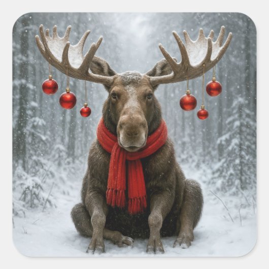 Sticker Carré Christmas Moose In a Snowy Forest (Devant)