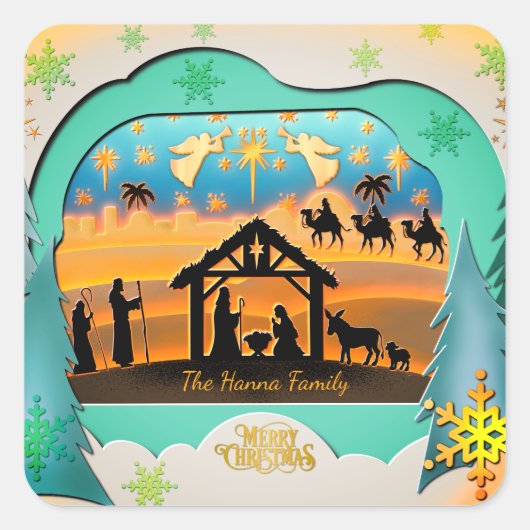 Sticker Carré Christmas Nativity Scene 3D | Religious Holiday (Devant)