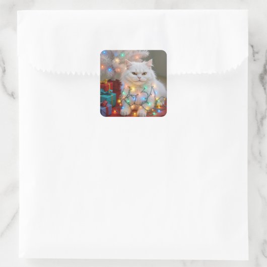Sticker Carré Christmas Persian Cat Tangled in Holiday Lights (Sac)