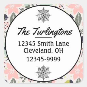 Sticker Carré Christmas Poinsettia Acorns Grey Adresse de retour