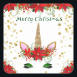 Sticker Carré Christmas Poinsettia Unicorn Green Party Favorisen<br><div class="desc">Christmas Poinsettia Unicorn party favorise Merci stickers en Vert pour une fête de vacances festive.</div>