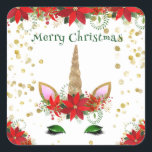 Sticker Carré Christmas Poinsettia Unicorn Green Party Favorisen<br><div class="desc">Christmas Poinsettia Unicorn party favorise Merci stickers en Vert pour une fête de vacances festive.</div>