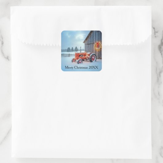 Sticker Carré Christmas Red Farm Tractor In Snow (Sac)