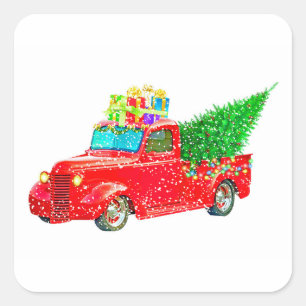 Sticker Carré Christmas red truck with a Christmas tree and veni