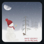 Sticker Carré Christmas Snowman<br><div class="desc">Un mignon bonhomme de neige avec casquette rouge et étoile d'or en flocons de neige sous la lune.</div>