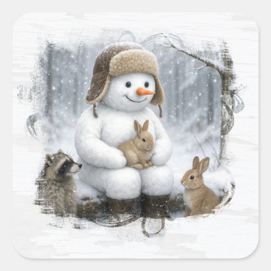 Sticker Carré Christmas Snowman With Friends In Winter Woods (Devant)