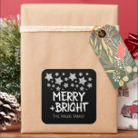 Sticker Carré Christmas Sparkle Stars Joyeux Nom de famille<br><div class="desc">Étoiles de Noël Joyeux Stickers noir de nom de famille. Magnifique Enveloppement Cadeau Fournitures avec parties scintillant brillantes argent glamour faux étincelants. Photo des éclats d'argent,  pas de parties scintillant réelle !</div>