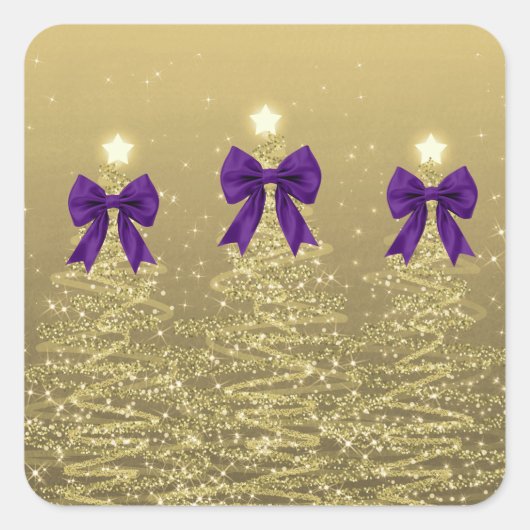 Sticker Carré Christmas Sparkling Trees Gold Faux Purple Bow  (Devant)