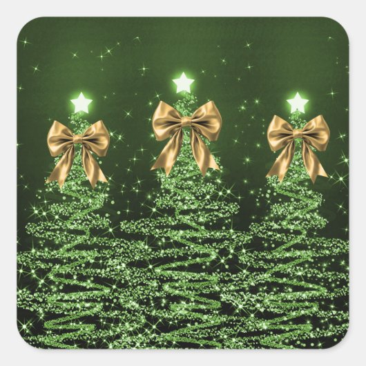 Sticker Carré Christmas Sparkling Trees Green Faux Gold Bow  (Devant)