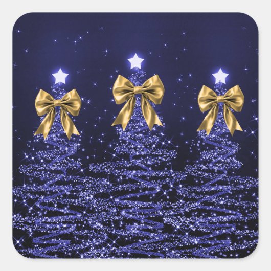 Sticker Carré Christmas Sparkling Trees Navy Blue Faux Gold Bow  (Devant)