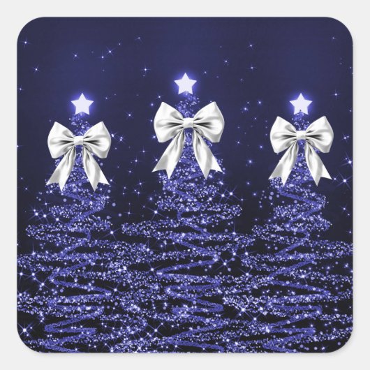 Sticker Carré Christmas Sparkling Trees Navy Faux Silver Bow (Devant)