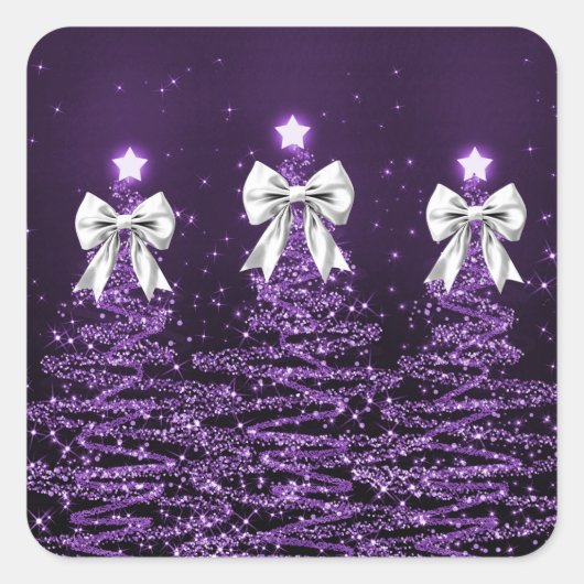 Sticker Carré Christmas Sparkling Trees Purple Faux Silver Bow  (Devant)