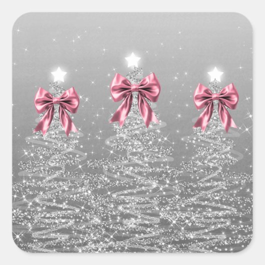 Sticker Carré Christmas Sparkling Trees Silver Faux Pink Bow (Devant)