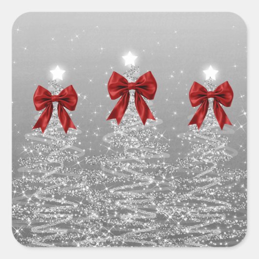 Sticker Carré Christmas Sparkling Trees Silver Faux Red Bow  (Devant)