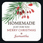 Sticker Carré Christmas Spring Berries Homemade Just For You<br><div class="desc">This beautiful sticker features classic Christmas greenery sprig berries wreath with a script,  classic and modern typography. Great for homemade goods for this holiday season.</div>