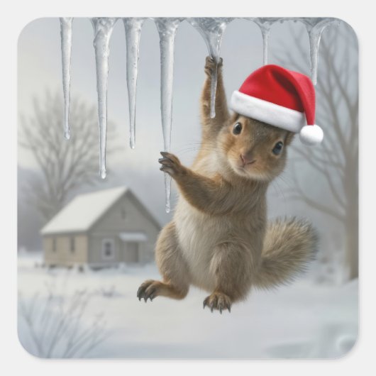 Sticker Carré Christmas Squirrel Hanging From an Icicle (Devant)