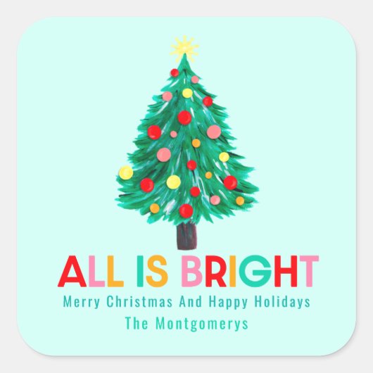 Sticker Carré Christmas Tree "All Is Bright" Pastel Personalize (Devant)