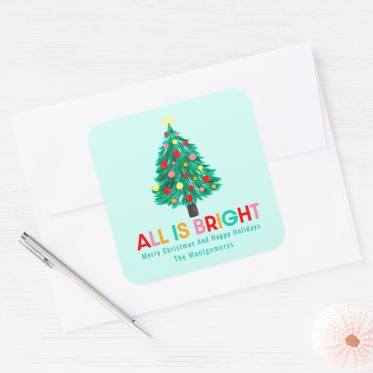 Sticker Carré Christmas Tree "All Is Bright" Pastel Personalize (Enveloppe)