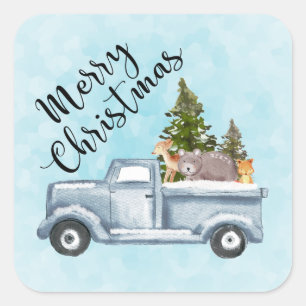Sticker Carré Christmas Truck Carrying Trees & Animals