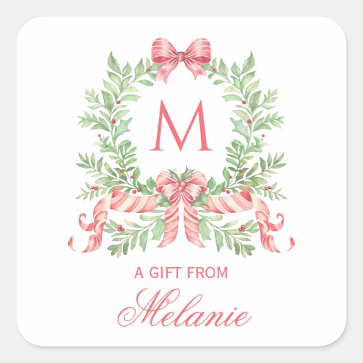 Sticker Carré Christmas Wreath w/ Bow | Monogram (Devant)