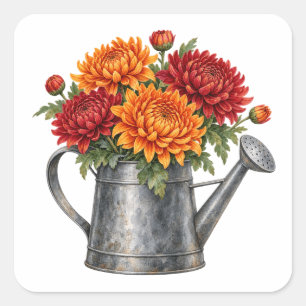 Sticker Carré Chrysanthèmes à l'aquarelle dans un bidon
