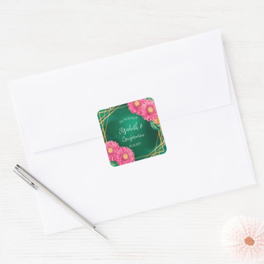 Sticker Carré Chrysanthèmes rose avec Mariage géométrique or (Enveloppe)