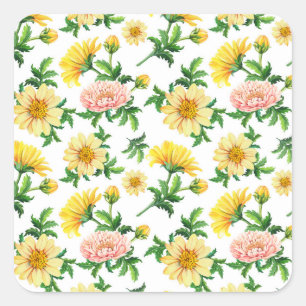 Sticker Carré Chrysanthemums Aquarelle : Design floral incolore