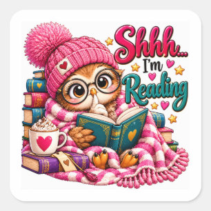 Sticker Carré Chut, j'ai un livre de chouette amoureux