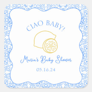 Sticker Carré Ciao Baby ! Baby shower italien citron bleu